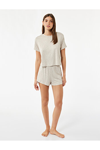 Koton Short Sleeve Crew Neck Leopard Print Shorts Pajama Set