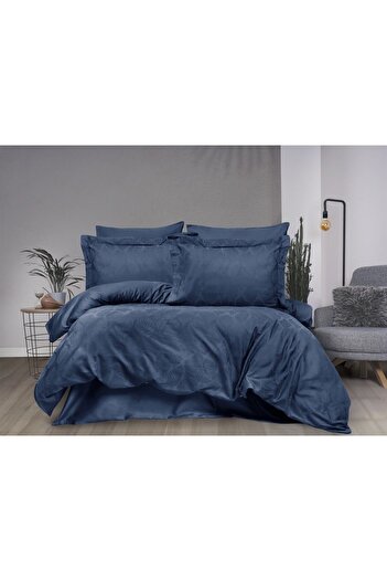 Sevim Double Jacquard Duvet Cover Set - Cotton Satin Leaf Patterned Duvet Cover Set -Aura Indigo