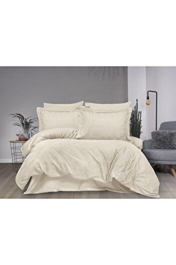 Sevim Jacquard 100% Cotton Satin Double Duvet Cover Set - Marriage Set Bedding Sets -Aura Cream