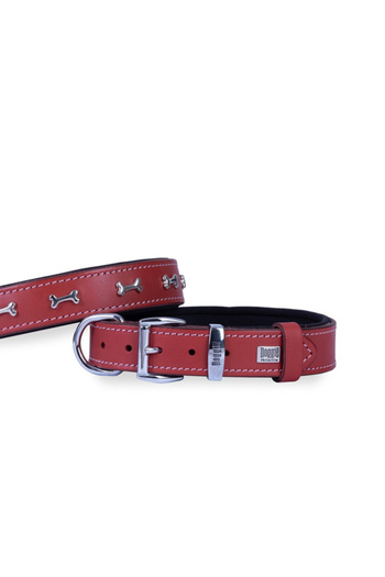 Doggie Comfort Leather Bone Decorated Dog Collar Medium Red 2.5x37-45 Cm