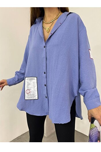 lovebox Women's Cotton Fabric Oversize Blue Shirt with Emblem Design 12200