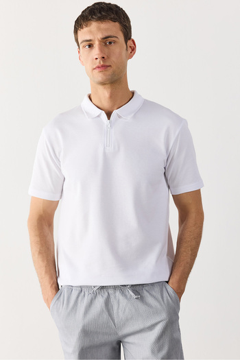 VENA Nicolas Zipper Detailed Polo Collar T-Shirt - White