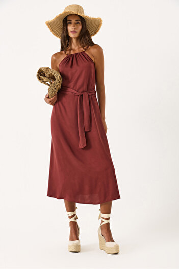 VENA Marmaris Beaded Strap Satin Dress - Bordo