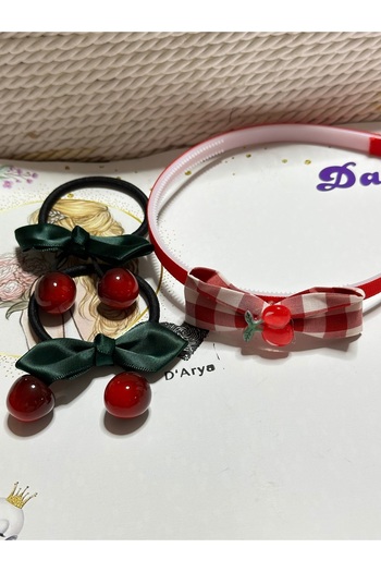 Darya Dd425 Green Satin Ribbon Red Glass Cherry Themed Hair Crown Rubber Buckle Accessory Set (Set of 3)