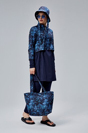 MASSMİZO Midnight Blue Women's Short Patterned Zippered Full Covered Hijab Swimsuit Set of 3