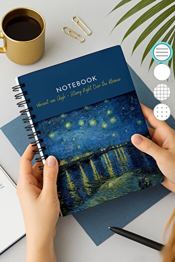 Eldesen Tasarım A5 Spiral Thick Cover Lined Notepad, 80 Sheets 160 Pages, Van Gogh