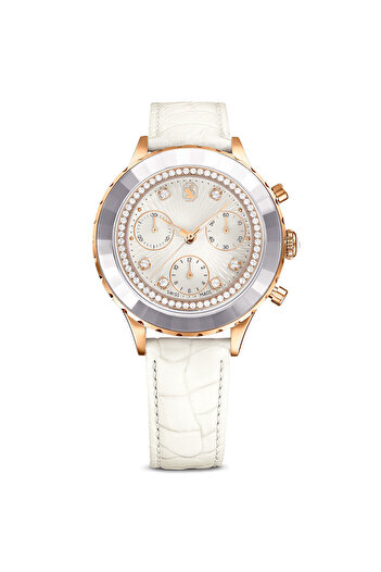 Swarovski Octea Chrono Watch, Swiss Made, Leather Strap, White, Rose Gold Color Surface