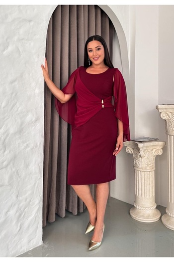 Butik Nilyam Women's Plus Size Crew Neck Drape Chiffon Detail Brooch Midi Stretchy Evening Dress 24860