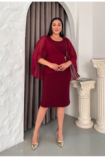 Butik Nilyam Women's Plus Size Crew Neck Drape Chiffon Detail Brooch Midi Stretchy Evening Dress 24860
