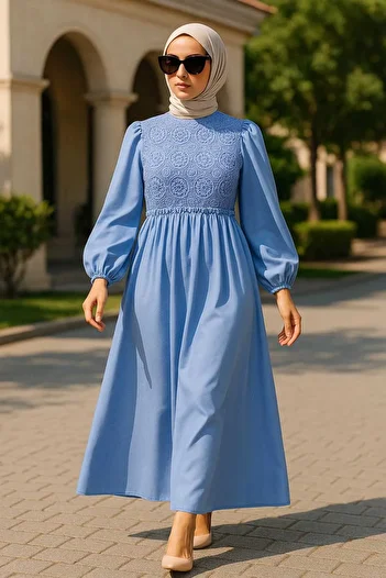 Neva Style Rochie Hijab Albastră Detaliată Dantela 5857m