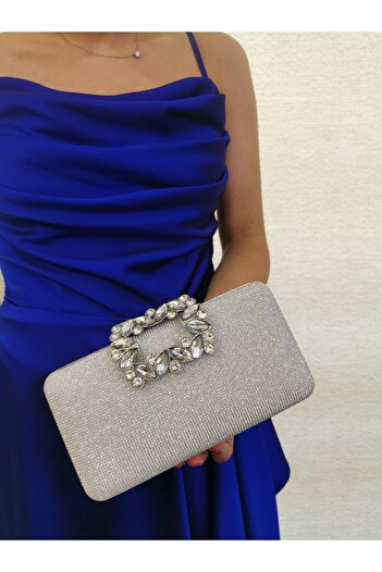 NAZART Women's Big Stone Look Silver Evening Dress Clutch Chain Strap Hand Wedding Engagement Night Shoulder Bag