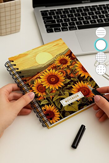 Eldesen Tasarım A5 Spiral Thick Cover Unlined Notepad, 80 Sheets 160 Pages, Moon Flower