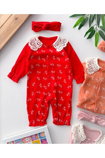 caliskanonline Baby Girl Jumpsuit with Lace Collar Detail and Branch Pattern