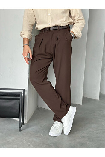 MENOFOURSWEAR Acı Kahve Pileli Baggy Kumaş Pantolon