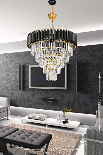 Avizemoda Palmira 55 Cm'lik Kristal Taşlı Lüks Avize 5'li - (siyah-gold)