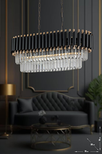 Avizemoda Palmira 75x35 Cm Kristal Taşlı Lüks Yemek Masası Üstü Avize 6'lı - (siyah-gold)