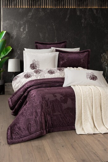 Sevim Tivoli 10 Piece Velvet Bedspread with Blanket and Dowry Set Spectra Plum