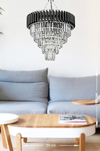 Avizemoda Palmira 55 Cm'lik Kristal Taşlı Lüks Avize 5'li - (siyah-krom)