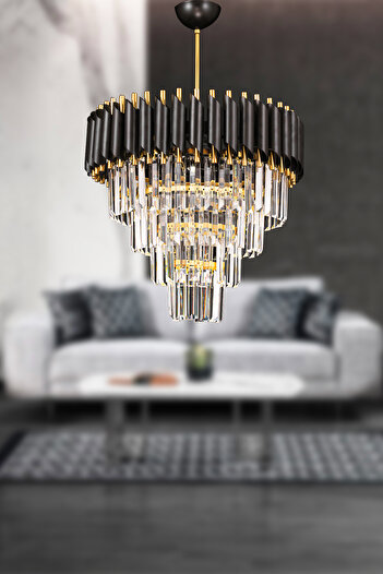 Avizemoda Palmira 45'lik Kristal Taşlı Lüks Avize - (SİYAH-GOLD)
