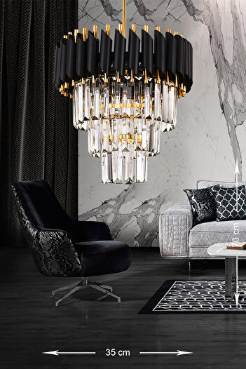 Avizemoda Palmira 35'lik Kristal Taşlı Lüks Avize - ( Siyah - Gold )