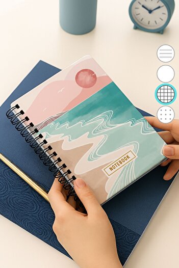 Eldesen Tasarım A5 Spiral Thick Cover Checkered Notepad, 80 Sheets 160 Pages, Pink Boholo