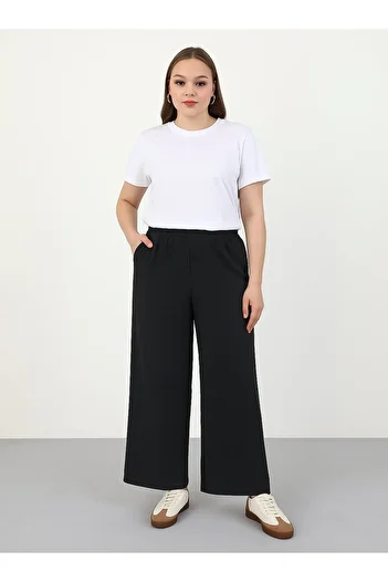 ALİA Viscose Fabric Comfortable Fit Plus Size Trousers - Navy Blue - Alia