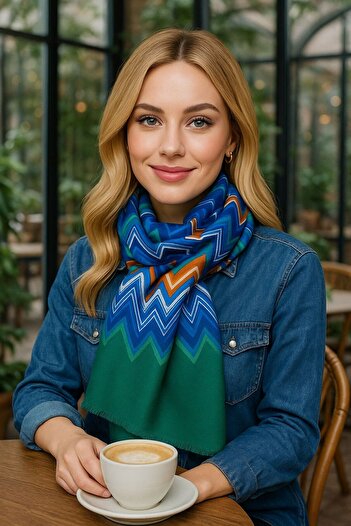Axesoire 15080 Zizgaz Patterned Navy Blue Shawl