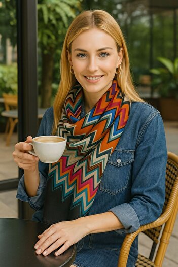 Axesoire 15080 Zizgaz Patterned Black Blue Shawl