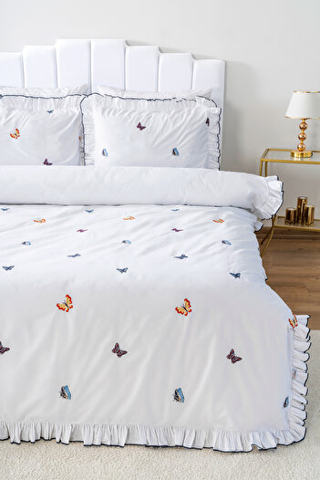 Rivaİstanbul Butterfly Double Embroidered 100% Cotton Duvet Cover Set & Dowry Set