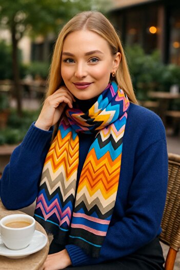 Axesoire 15080 Zizgaz Patterned Black Blue Shawl