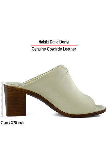 Erkan Saçmacı Valery Beige Genuine Calfskin Open Front Thick Heeled Slippers