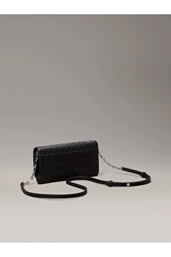 Calvin Klein Black Leather Shoulder Bag with Ck Monogram Logo - Adjustable Strap K60K 612853 -0Gj