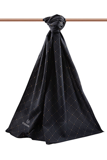 Vissona Luxury Medina Silk V Patterned Black Colored 75X195 Wrinkle-Free Shawl Moss Crepe Stitching Type Italian Stitched