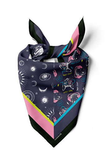 Modabutik H2 Kadın Mavi Süper Star Desenli 50x50 Bandana