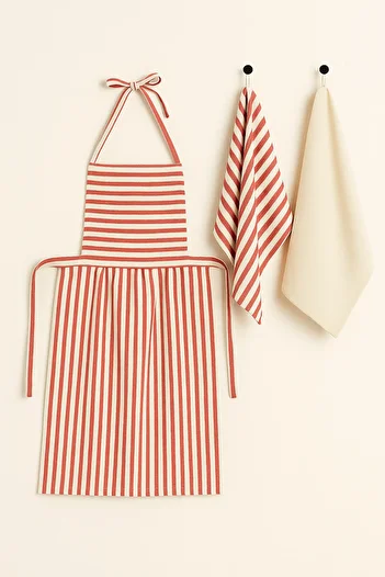 Mirilliahome Set of 3 Striped Linen Kitchen Apron and Tea Towel