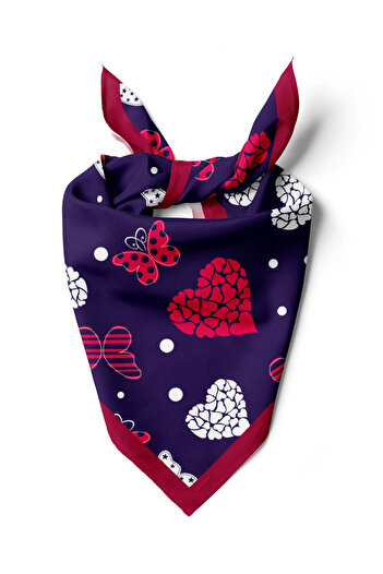 Modabutik Y16 Kadın Kalp Ve Kelebek Desenli Bandana 50x50 Kırmızı Beyaz Mavi Dg0471-22