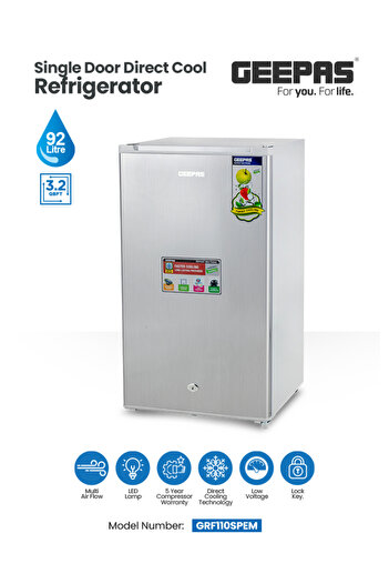 Geepas Single Door Direct Cool Refrigerator/Defrost Mini Fridge/Quick Cooling with Temperature Contr