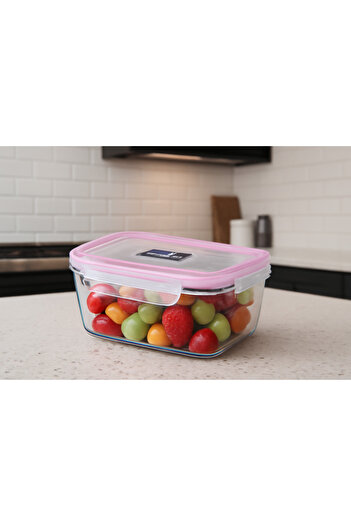 Glasslock Conical Rectangular Glass Storage Container 1700ml Pink Lid Locking Food Container - Suitable for Microwave