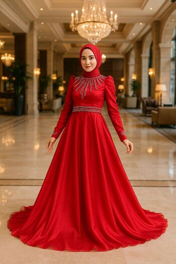 Neva Style Beaded Red Hijab Evening Dress 3774K