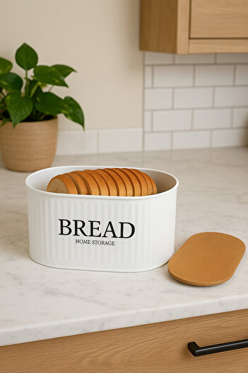 hemlife Metal Bread Bowl with Wooden Lid, Bread Box White