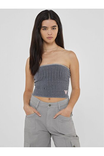Guess Strapless Collar Patterned Blue Women's T-Shirt Go Tube Top - Viscose Blend Holly Y