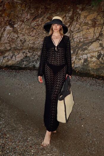 Swist Black Keira Collar Tie Detail Openwork Women's Knitwear Beach Midi Dress