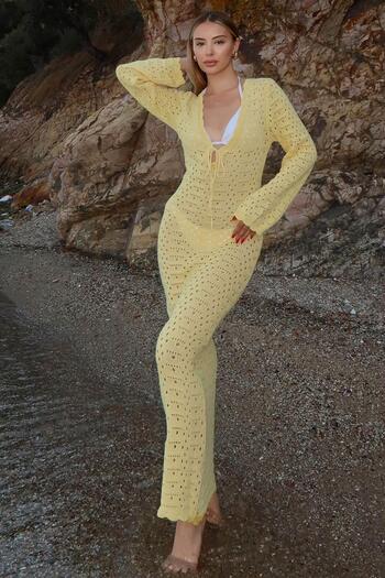 Swist Yellow Keira Collar Tie Detail Openwork Women's Knitwear Beach Midi Dress