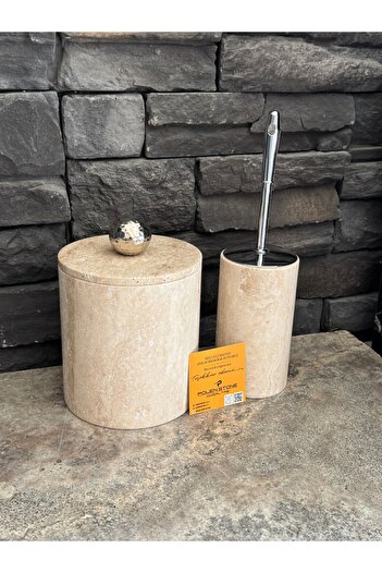 Polen Stone Traverten Doğaltaş İkili Banyo Takımı – Çöp Kovası & Tuvalet Fırçalık