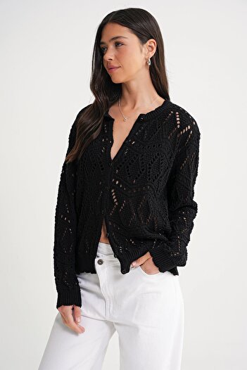 Mixray 6934 Women's Diamond Patterned Seasonal Openwork Cardigan Black
