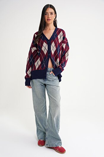 Mixray 6937 Women's Diamond Patterned Oversize Knitwear Cardigan Navy Blue