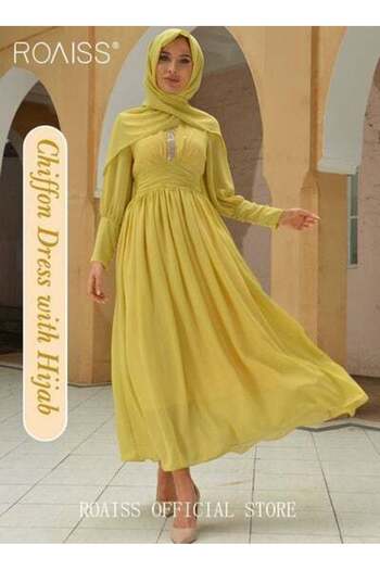 ROAISS Ladies Dress Solid Color High-Rise Chiffon Waist Puff Sleeve Long Sleeve Crew Neck Abaya Dress