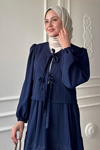 InStyle Σετ Crepe Navy Blue με Κορδέλα Δαντέλα Λεπτομέρεια Φούστα