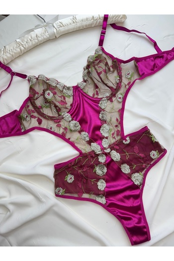 ROZENİN LINGERIE Purple Lace Floral Embroidered Satin Detailed Transparent Bodysuit