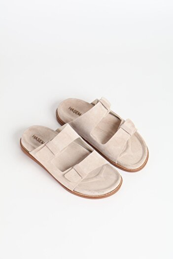 Haşema Women's Suede Double Striped Beige Slippers 156-17